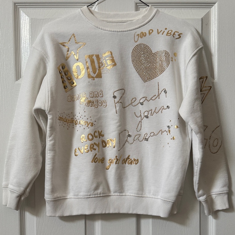 Zara Girl’s White and Gold Graphic Sweatshirt size 9/10